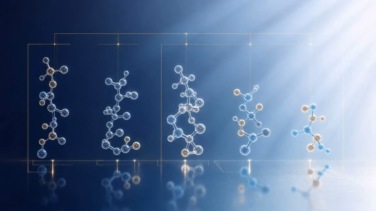 Abstract peptide molecules arranged in grouped classification panels representing peptide regulation and oversight