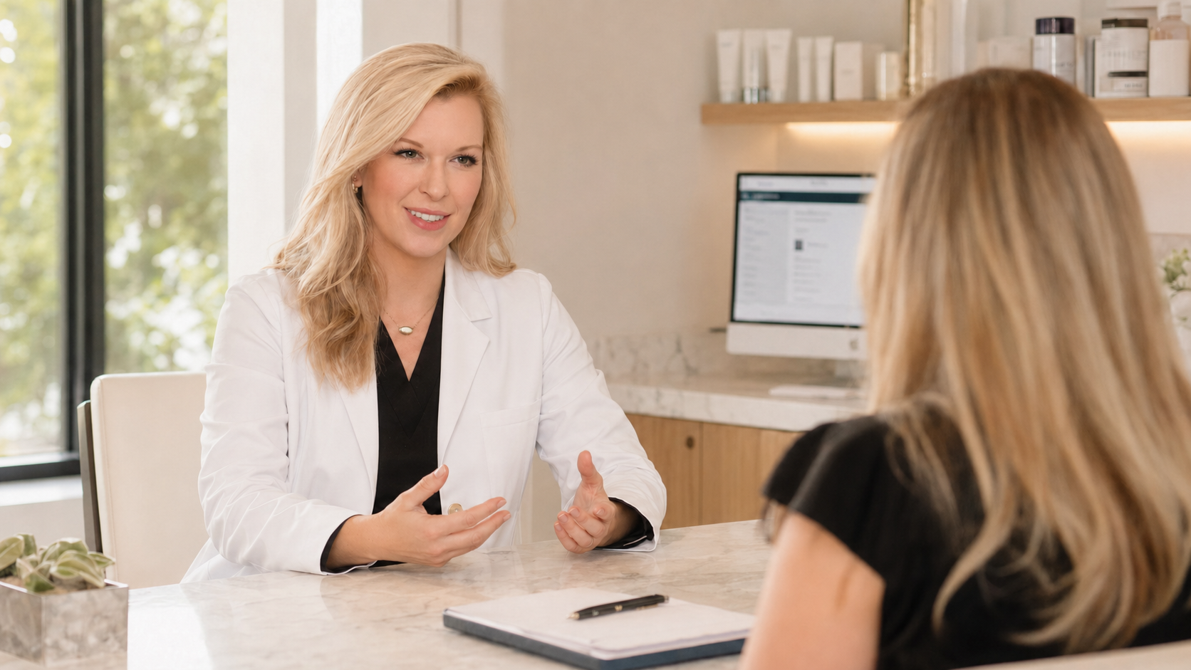 Medical vials of BPC-157 and TB-500 peptides on marble surface with molecular structures in background