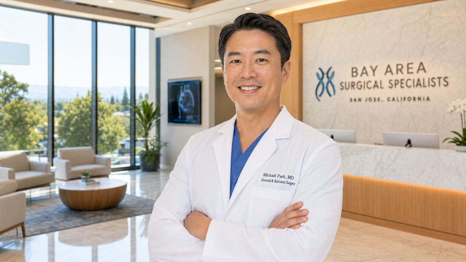 Asian American male surgeon Dr. Nguyen standing confidently in modern Lifetime Surgical clinic lobby in San Jose