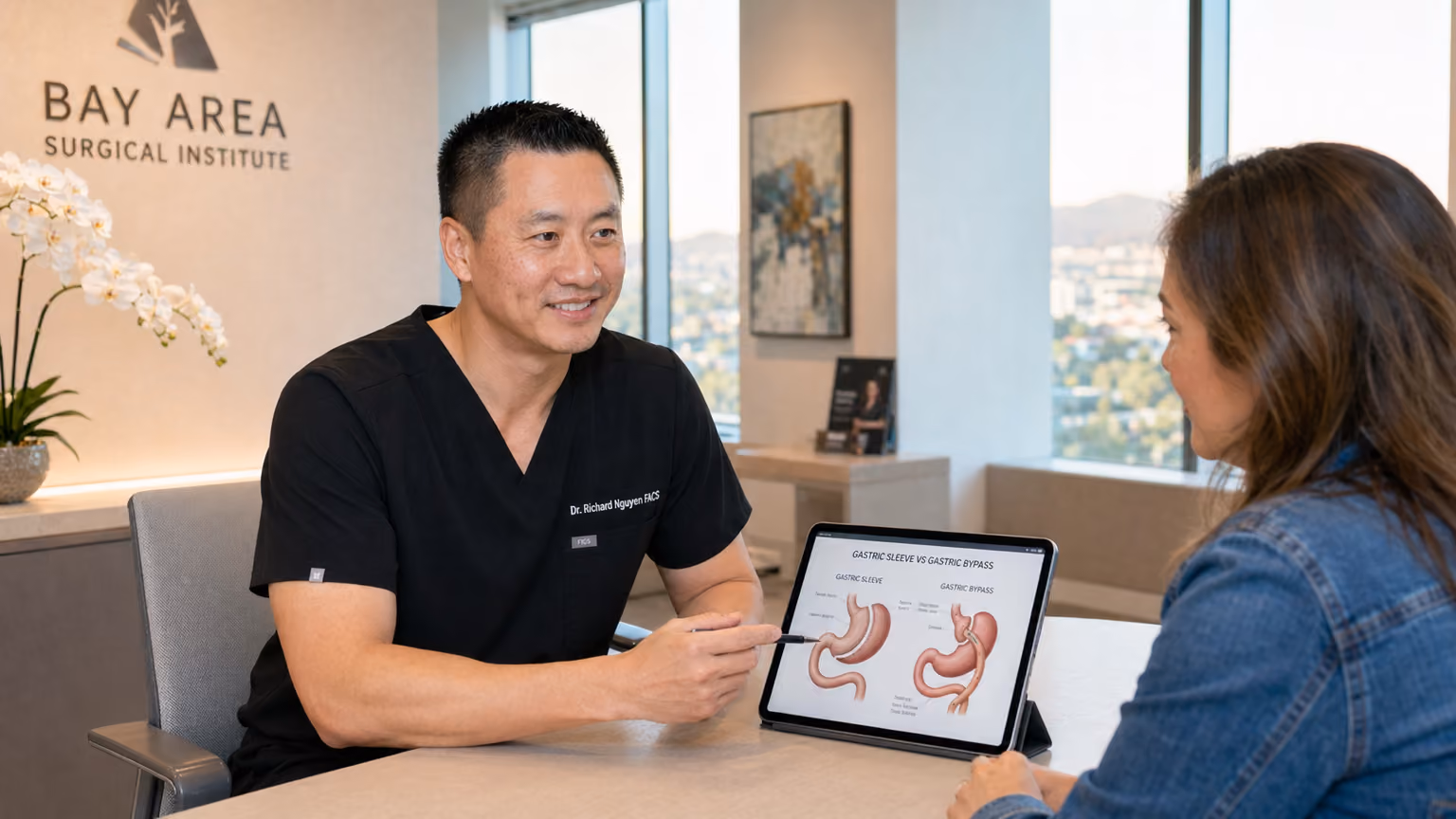 Dr. Richard Nguyen consulting with patient about gastric sleeve vs gastric bypass surgery options
