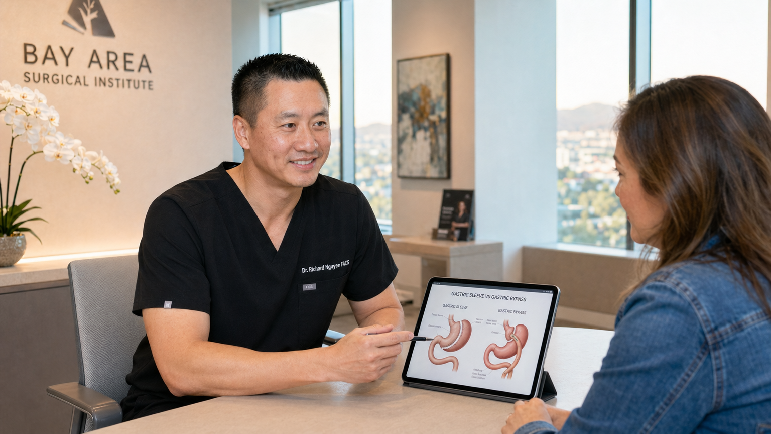 Dr. Richard Nguyen consulting with patient about gastric sleeve vs gastric bypass surgery options