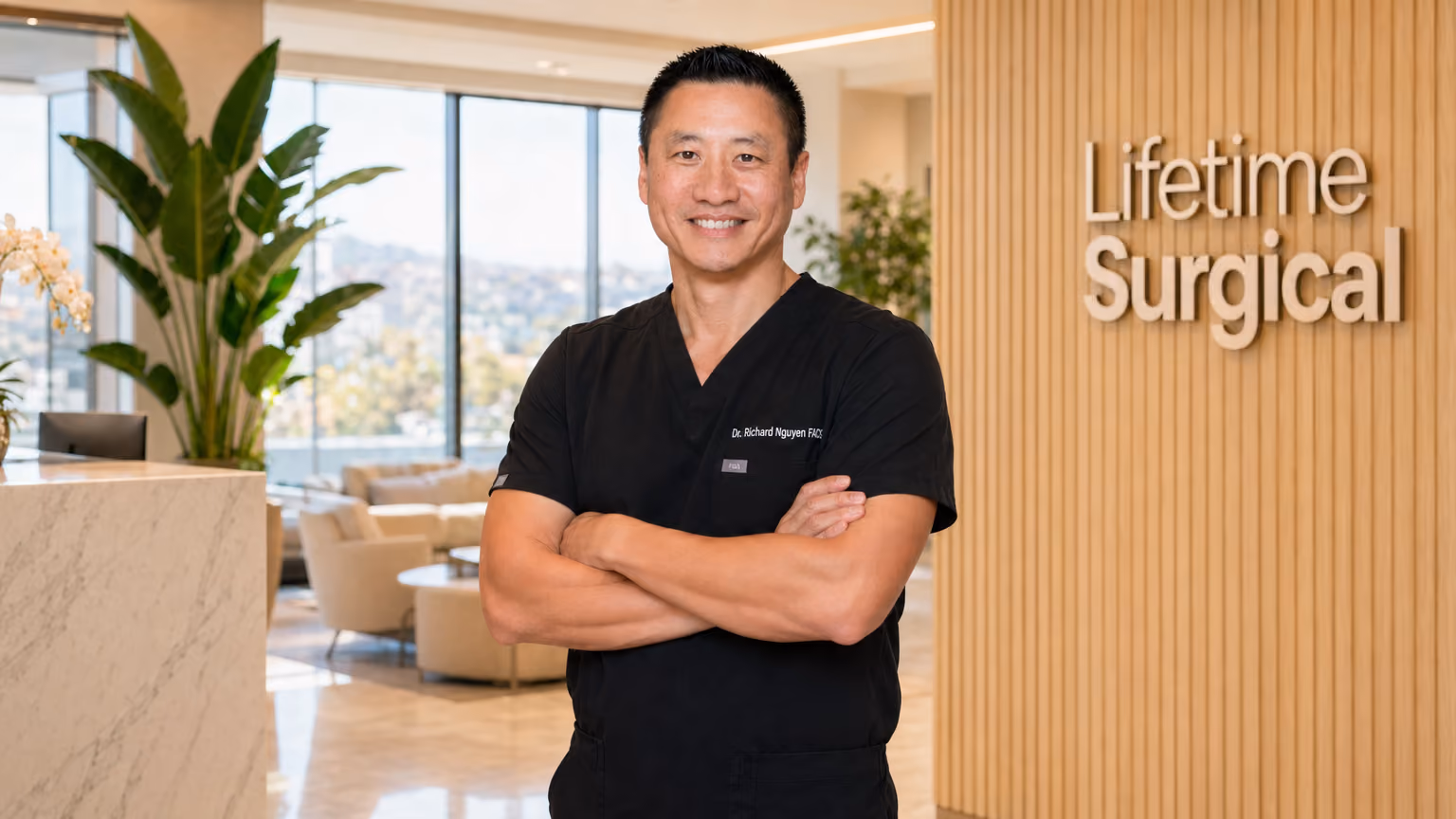 Dr. Richard Nguyen, lead surgeon at Lifetime Surgical, standing in the clinic lobby