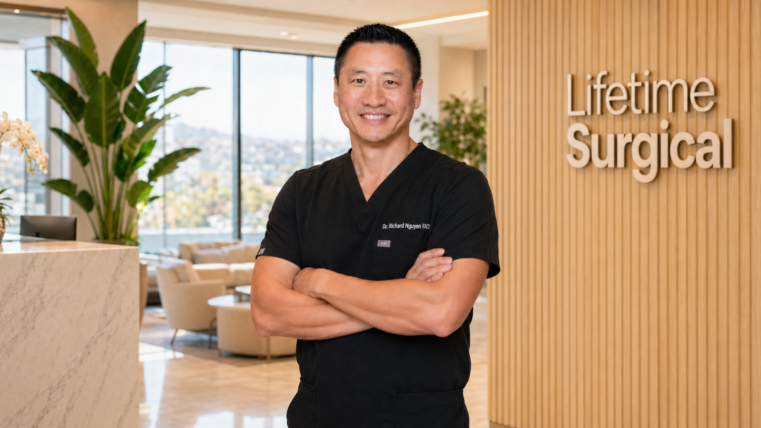 Dr. Richard Nguyen, lead surgeon at Lifetime Surgical, standing in the clinic lobby
