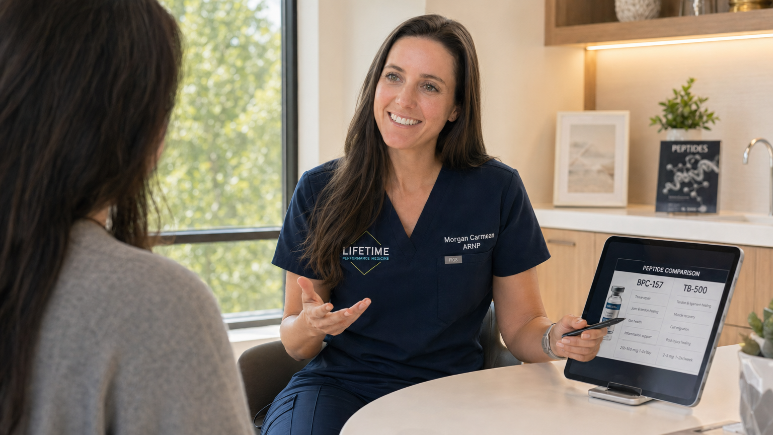 Morgan Carmean, ARNP, explaining BPC-157 vs TB-500 peptide options to a patient at Lifetime Surgical