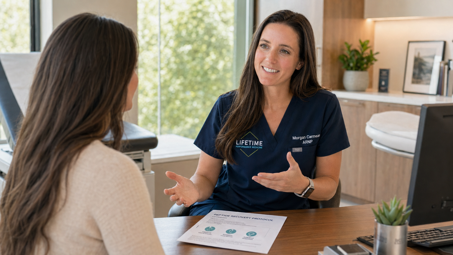 Morgan Carmean, ARNP, explaining peptide recovery protocol to a patient at Lifetime Surgical
