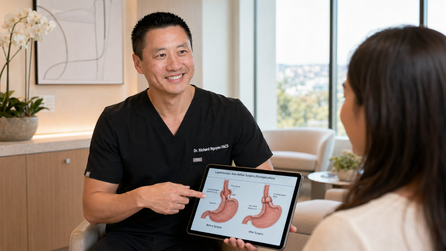 Dr. Richard Nguyen explaining GERD anti-reflux surgery options to patient at Lifetime Surgical