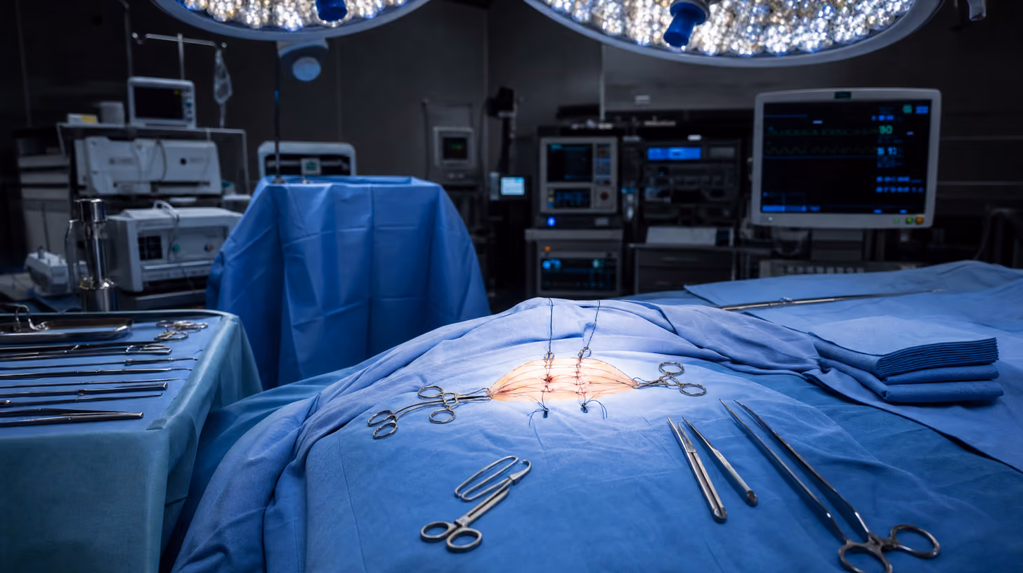 Surgical field for tissue-based non-mesh hernia repair with sutures and retractors at Lifetime Surgical