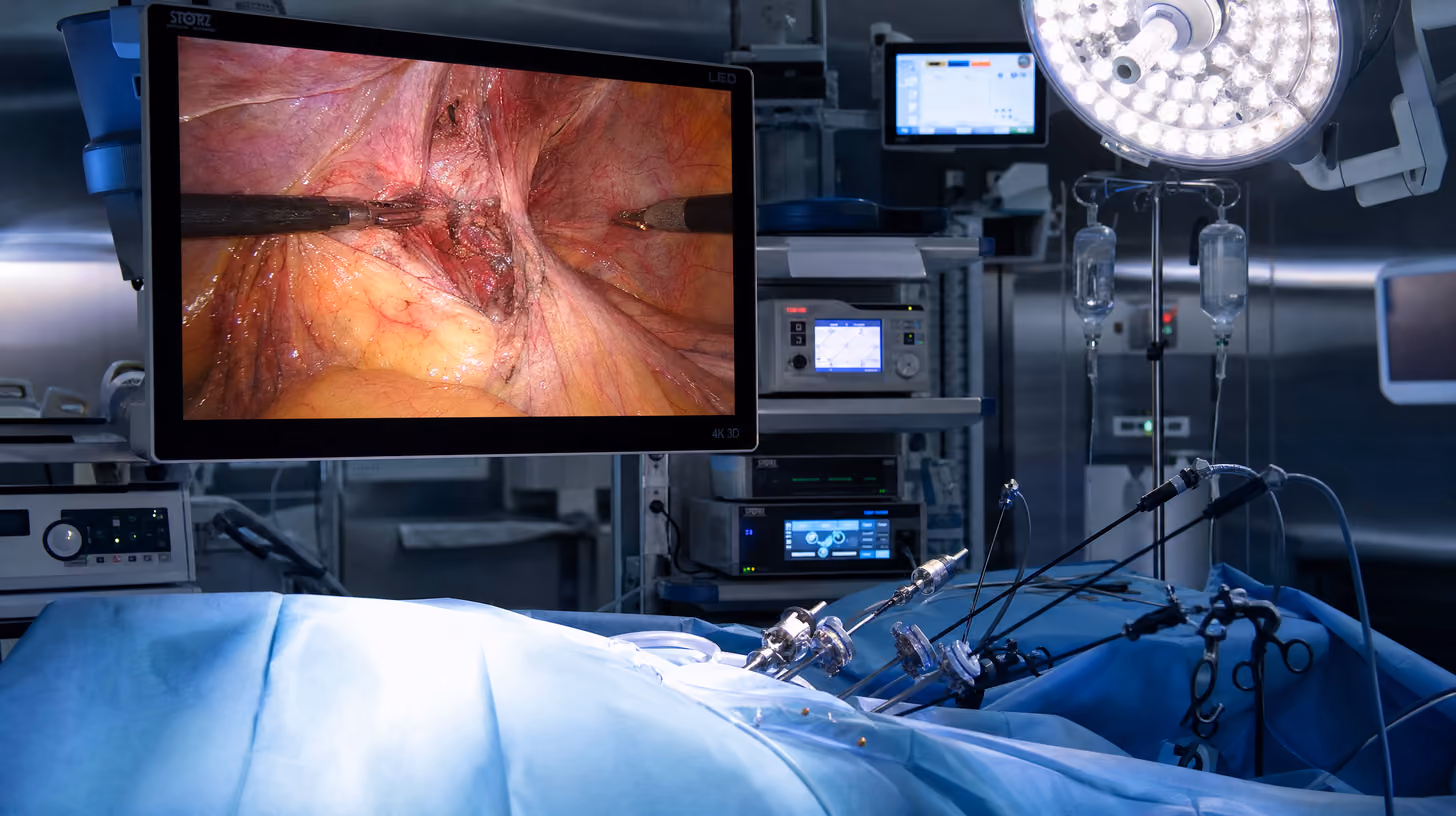 Laparoscopic hiatal hernia repair surgical setup with monitors and trocars at Lifetime Surgical