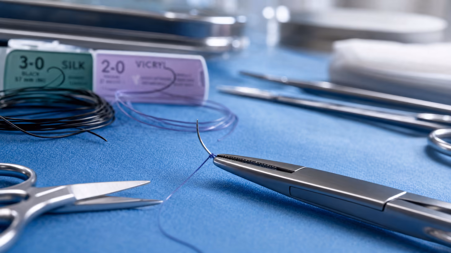 Close-up of tissue hernia repair instruments including needle drivers and suture material