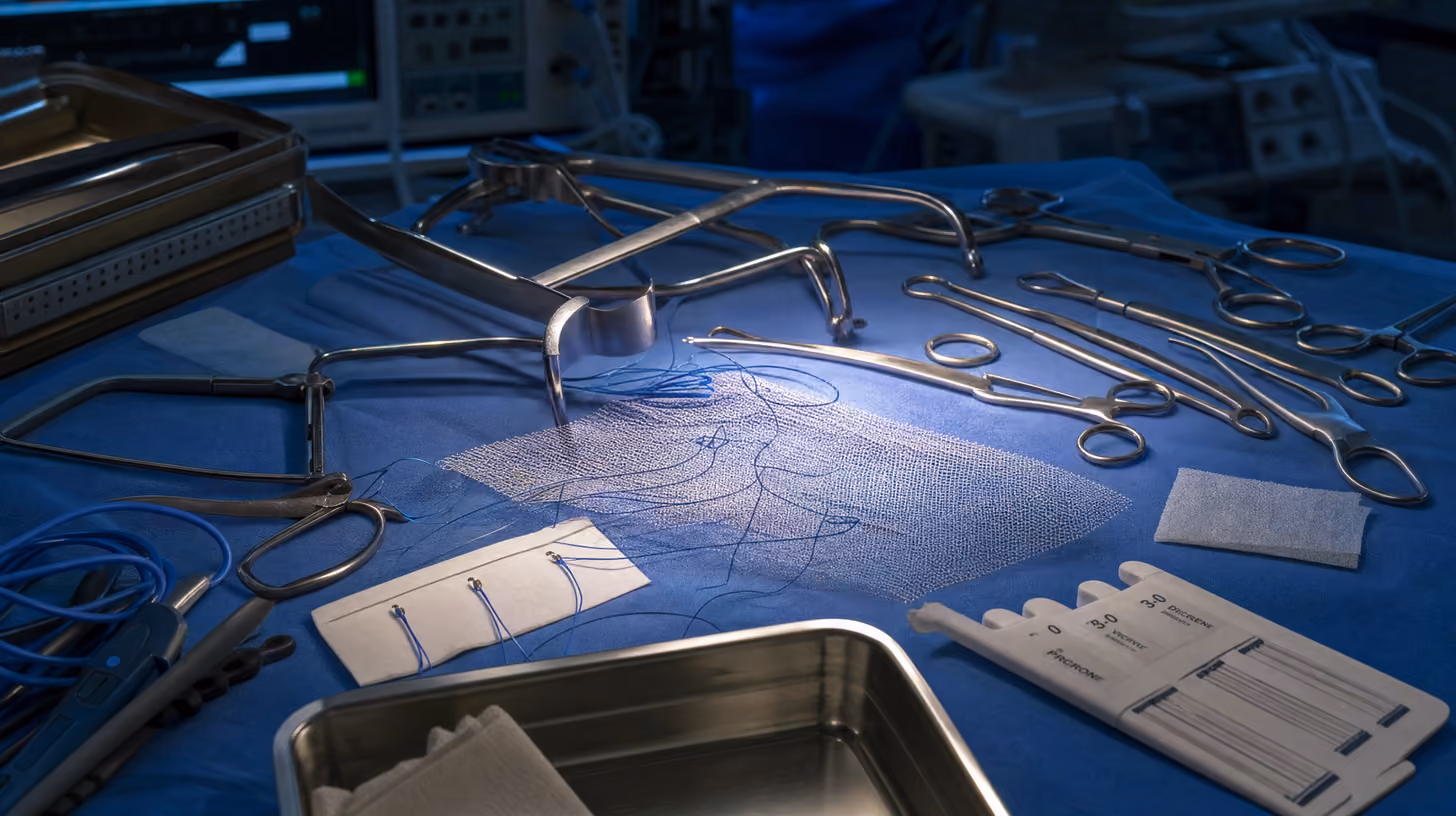 Complex recurrent hernia repair surgical field with mesh and suture materials