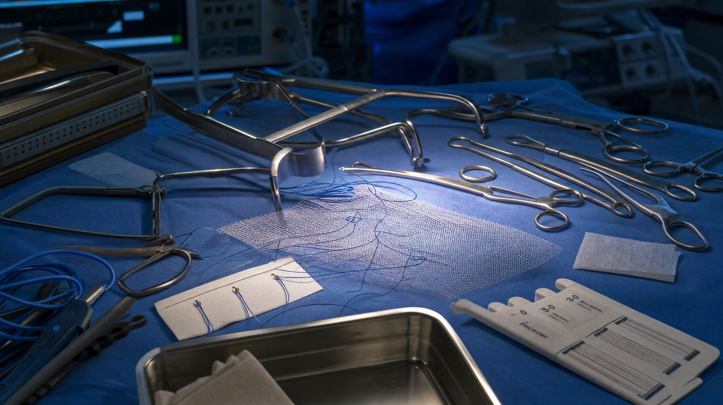 Complex recurrent hernia repair surgical field with mesh and suture materials