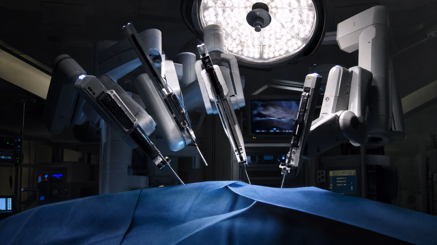Da Vinci robotic surgical arms positioned over operating field for abdominal wall reconstruction