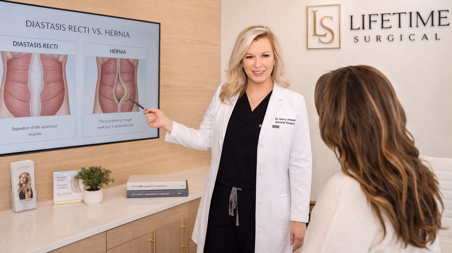 Dr. Avery Joseph explaining diastasis recti vs hernia differences to patient at Lifetime Surgical