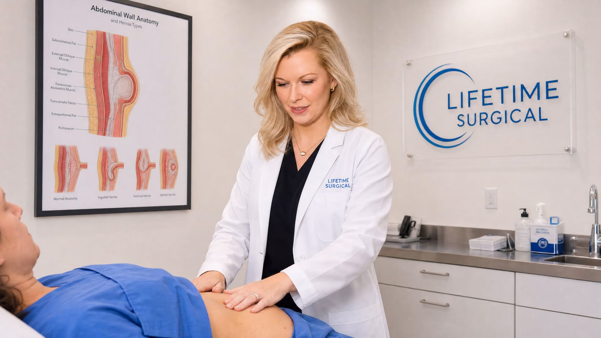 Dr. Avery Joseph performing abdominal exam for hernia mesh complications at Lifetime Surgical