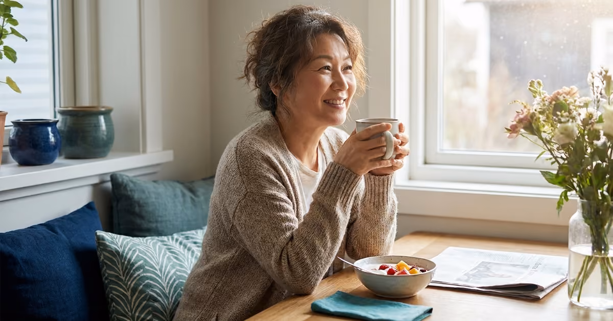 Woman comfortably enjoying a meal at home after acid reflux surgery in San Jose