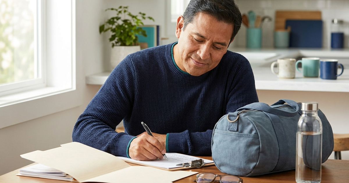 Man at his kitchen table writing a pre-surgery checklist beside a packed overnight bag