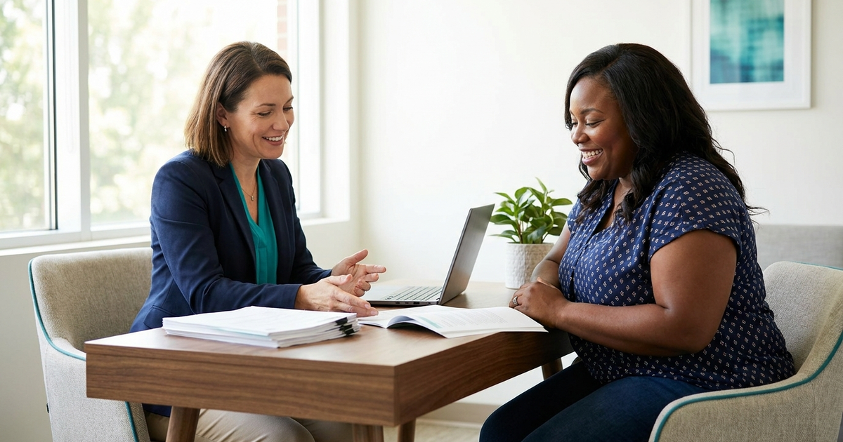 Patient financial counselor reviewing bariatric surgery payment and financing options with a patient in a San Jose medical office