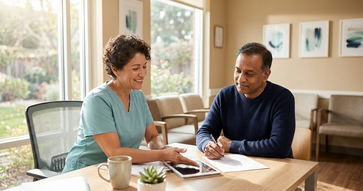 Patient reviewing gallbladder surgery insurance costs with a financial counselor at a San Jose surgical office