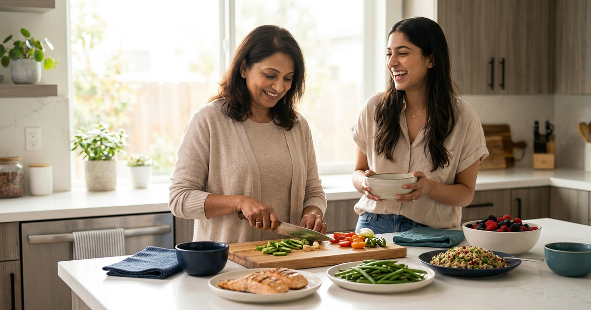Two women preparing a healthy low-fat meal of fish, vegetables and grains in a bright kitchen after gallbladder surgery