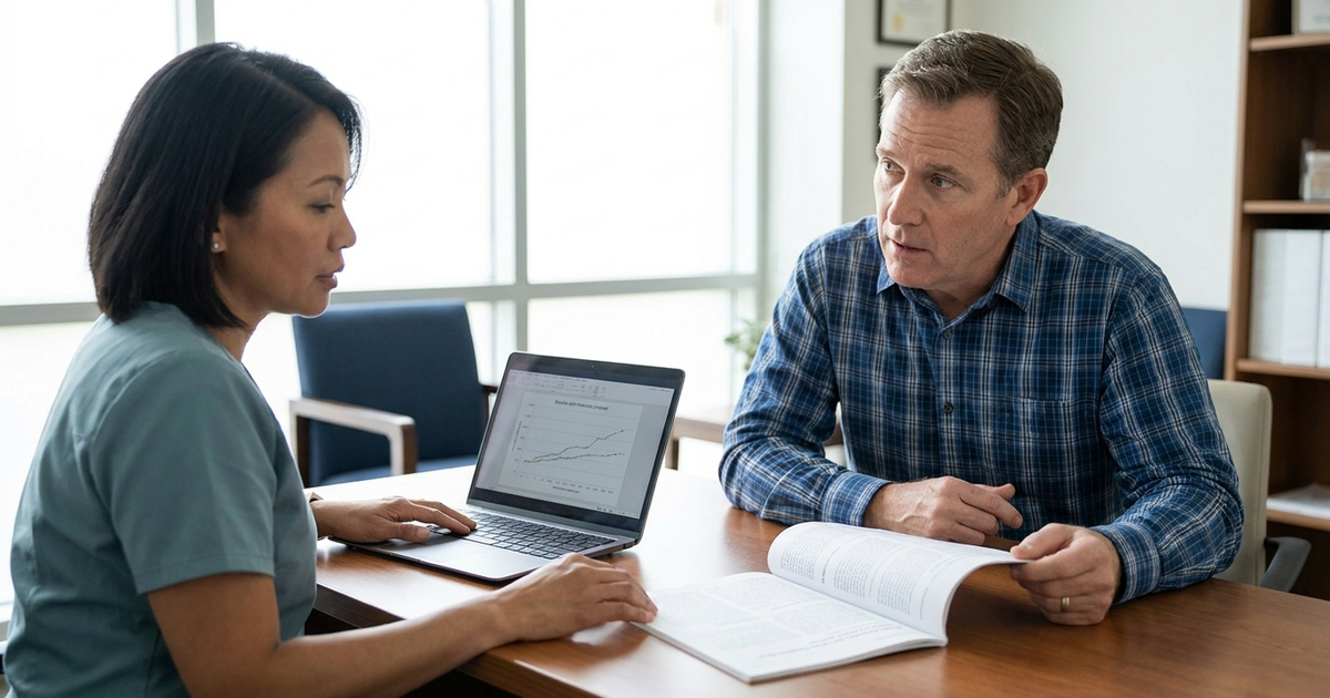 Surgeon reviewing peptide research evidence with a patient at a San Jose clinic