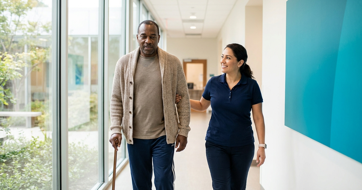 Patient walking with a physical therapist during early mobilization after surgery in San Jose