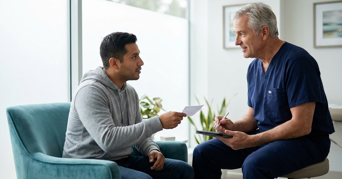 Patient handing a supplement list to a surgeon during a pre-operative consultation in San Jose