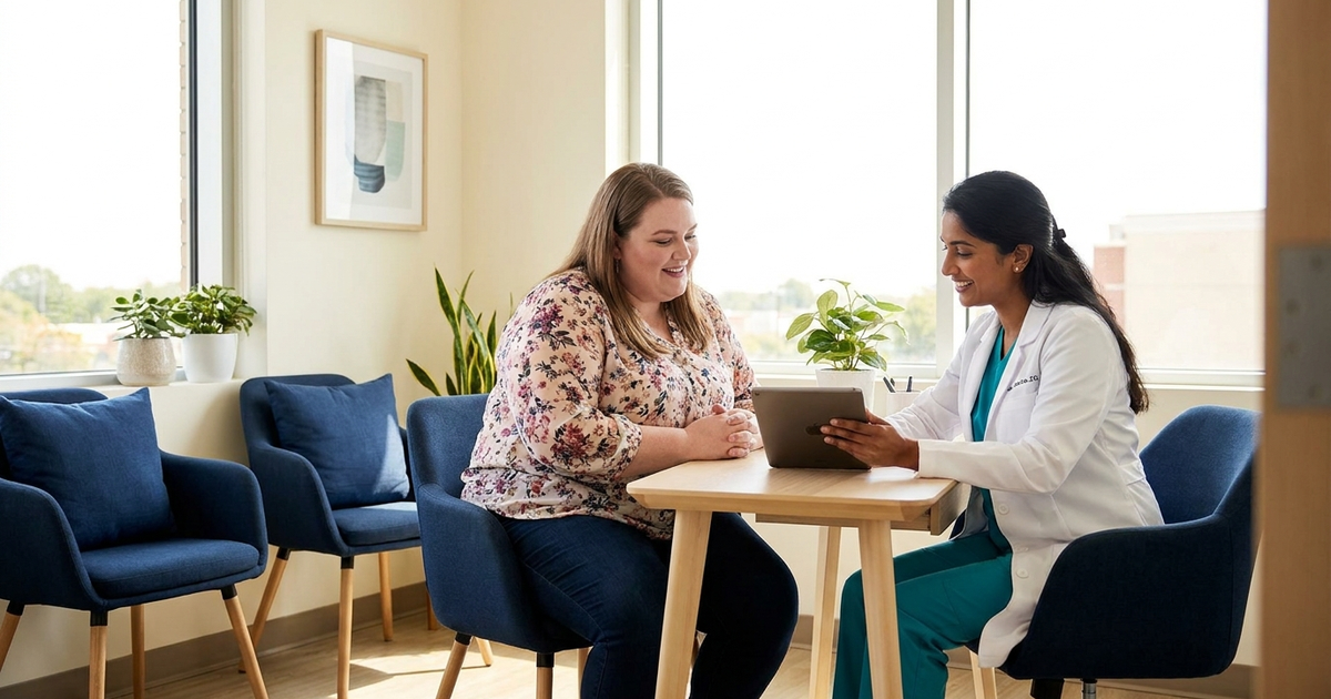 Plus-size medical weight loss patient reviewing GLP-1 treatment options with a physician in San Jose