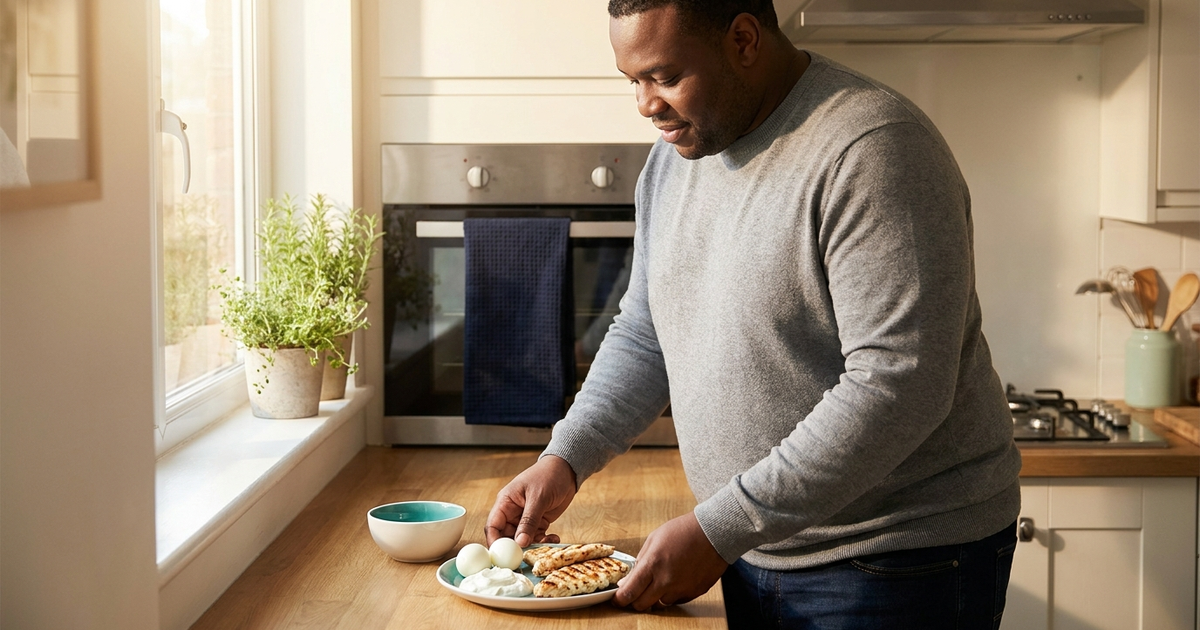 Bariatric surgery patient preparing a protein-rich meal at home during recovery