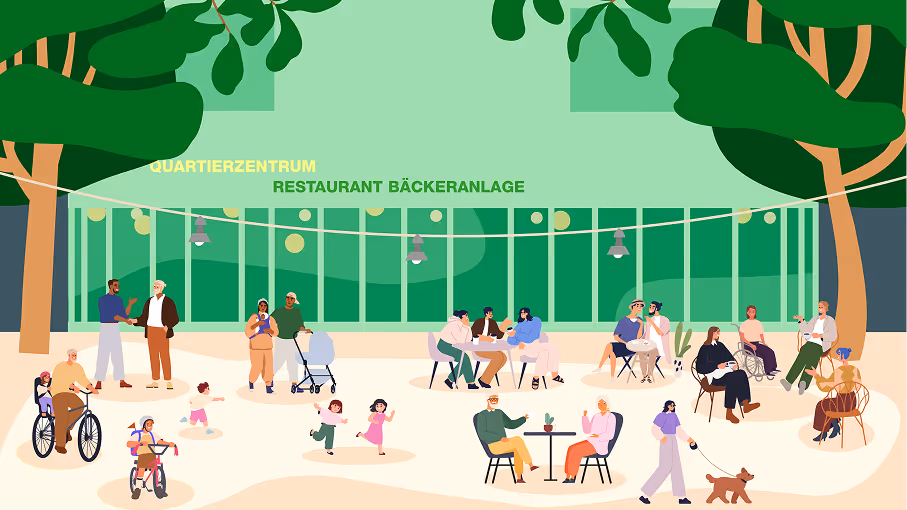 Illustration des Quartierzentrums Bäckeranlage Zürich – Restaurant Bäckeranlage im Park mit Gästen