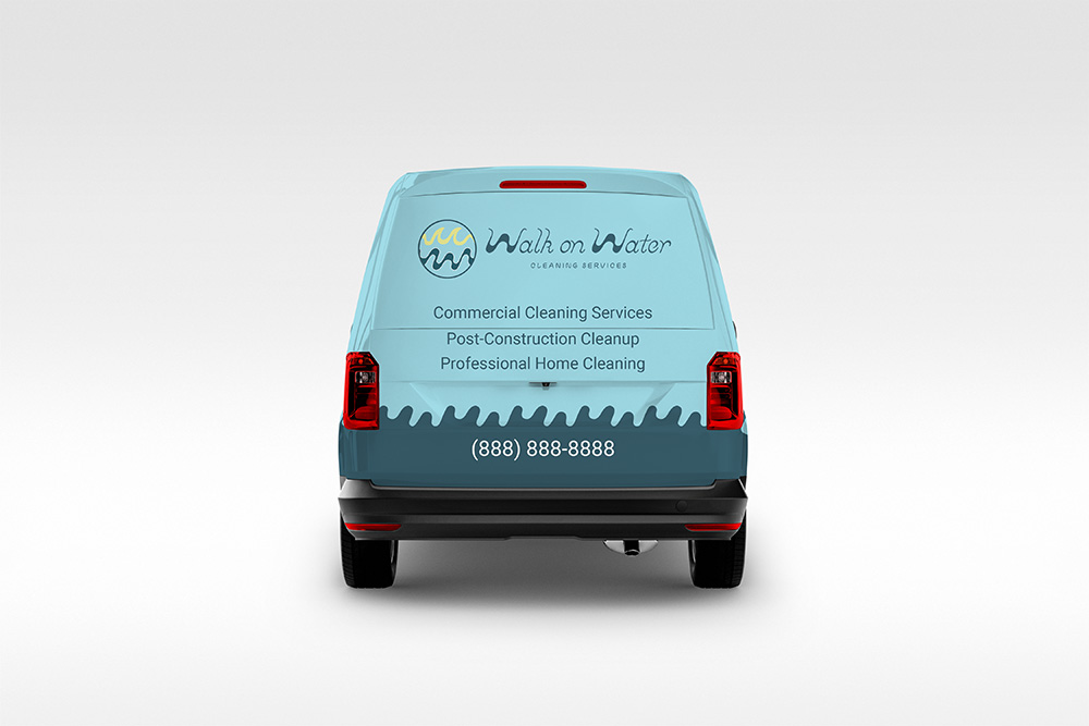 Rear view of a light blue van with wave design and logo reading 'Walk On Water Cleaning Services LLC' offering commercial cleaning, post-construction cleanup, and professional home cleaning with a phone number (888) 888-8888.