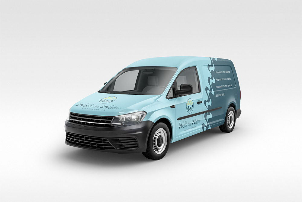 Light blue commercial van with wave graphic and logo for Woah Water Professional Cleaning Services.