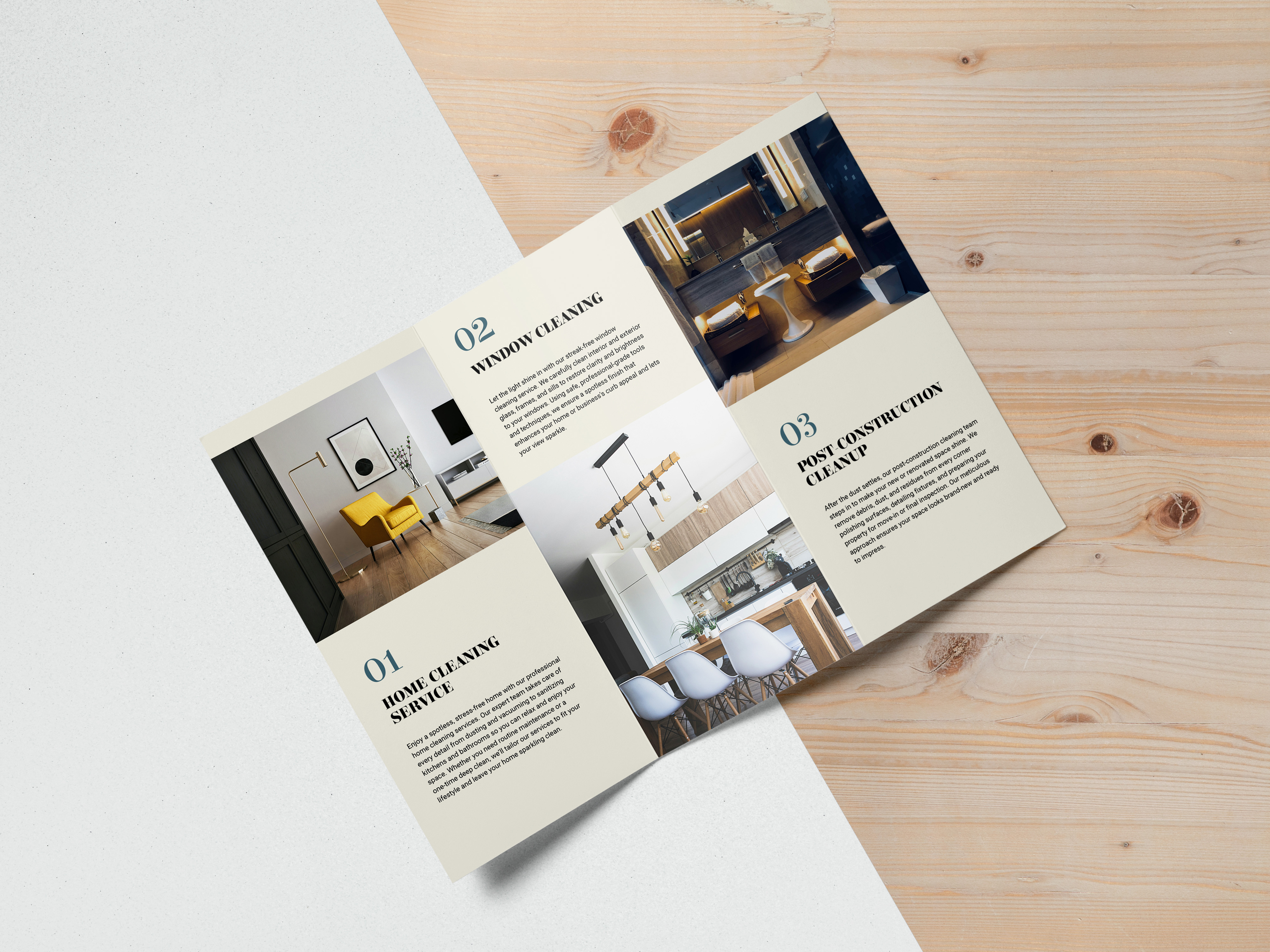 Open tri-fold brochure on wooden surface detailing cleaning services with photos of modern living room, kitchen, and bathroom.