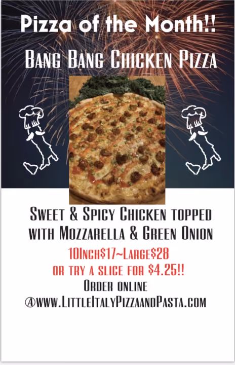 Pizza of the Month: Bang Bang Chicken Pizza with sweet spicy chicken, mozzarella, and green onion.