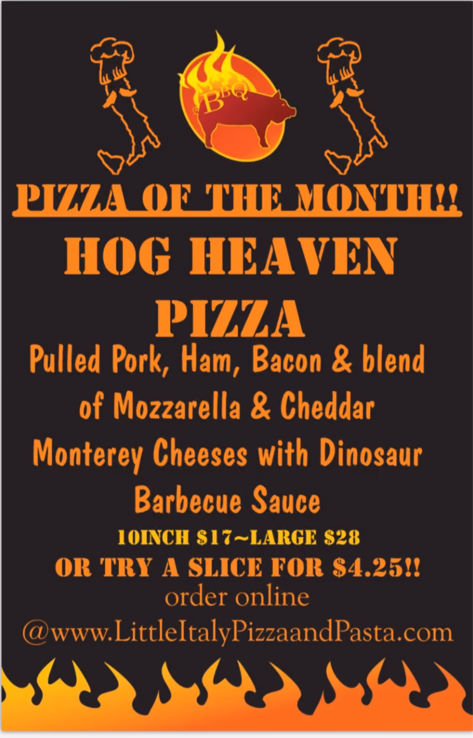 Pizza of the month: Hog Heaven with pulled pork, ham, bacon, cheeses, and dinosaur barbecue sauce.