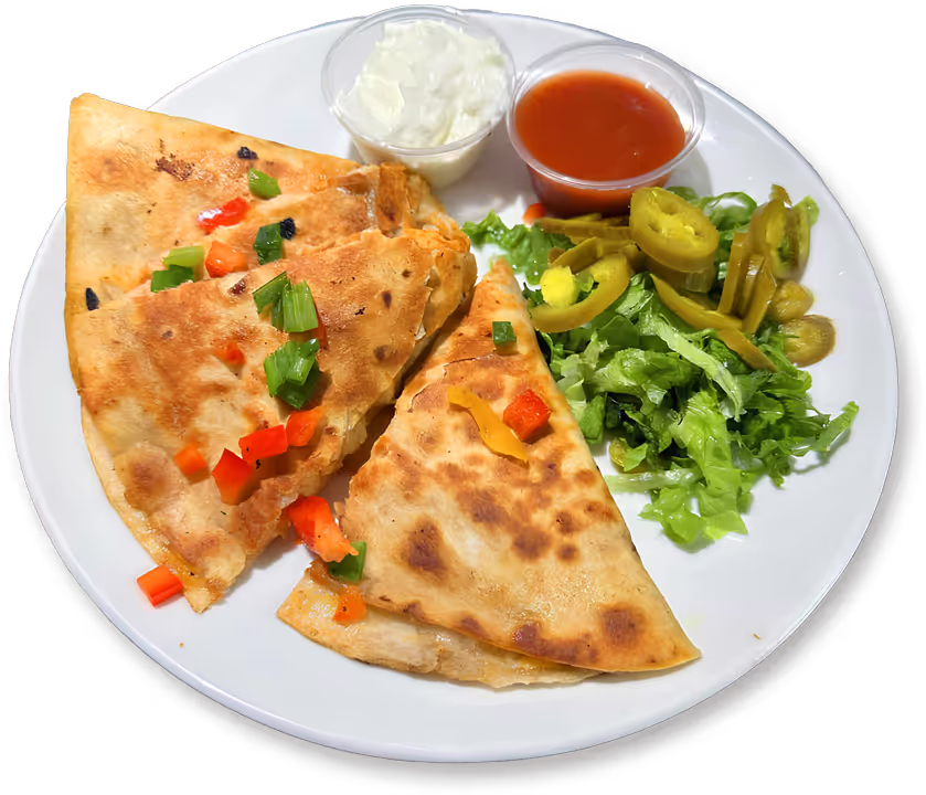 A plate of food, served alongside a colorful salad and dipping sauces.