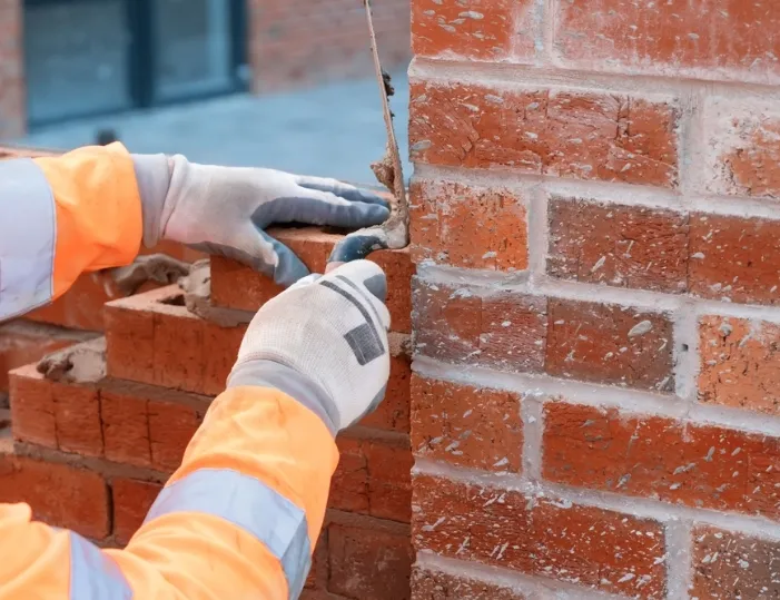 Worker in safety gear repointing mortar joints on a red brick wall