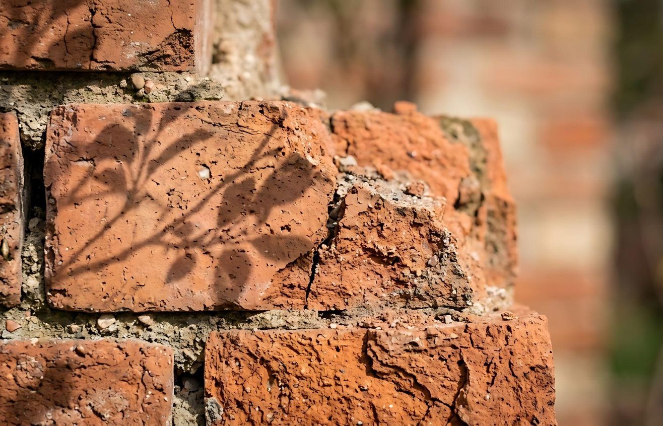 Close-up of crumbling mortar joints between old red bricks
