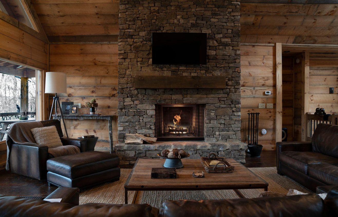 Stone fireplace in a living room after a fireplace makeover