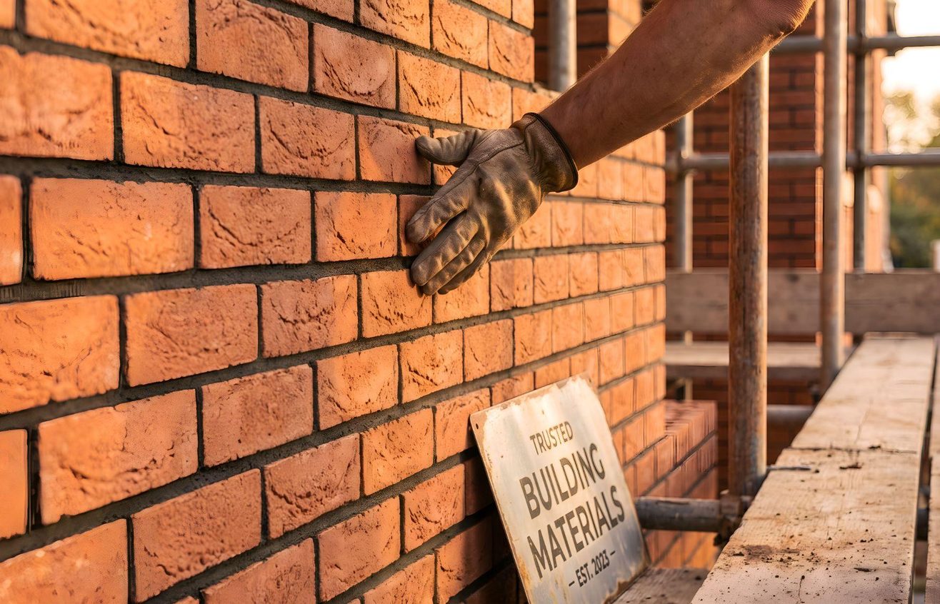 Masonry contractor checking a new brick wall