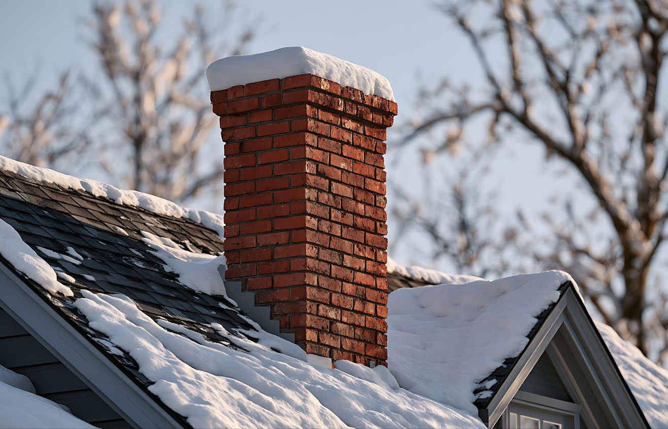 Brick chimney with a snow-covered crown on a winter roof