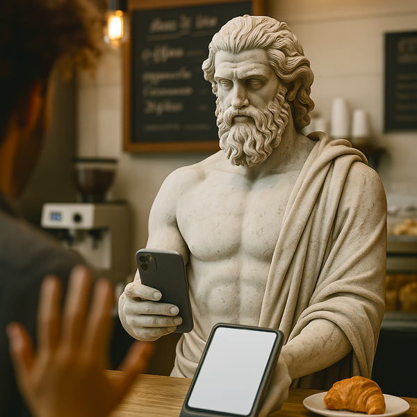Statue tending a restaurant and charging with mocha pos
