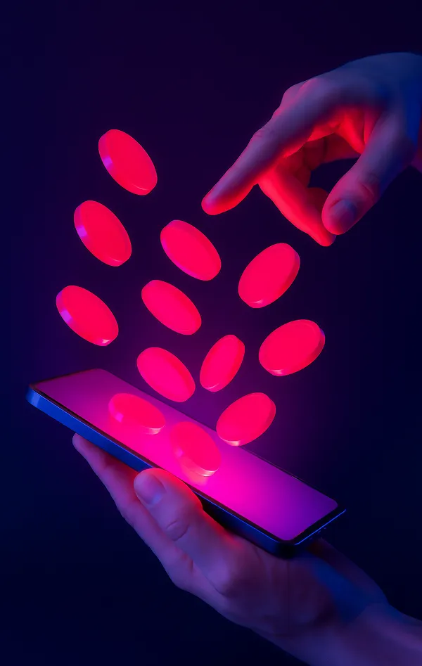 Manos y monedas iluminadas por la pantalla de un dispositivo