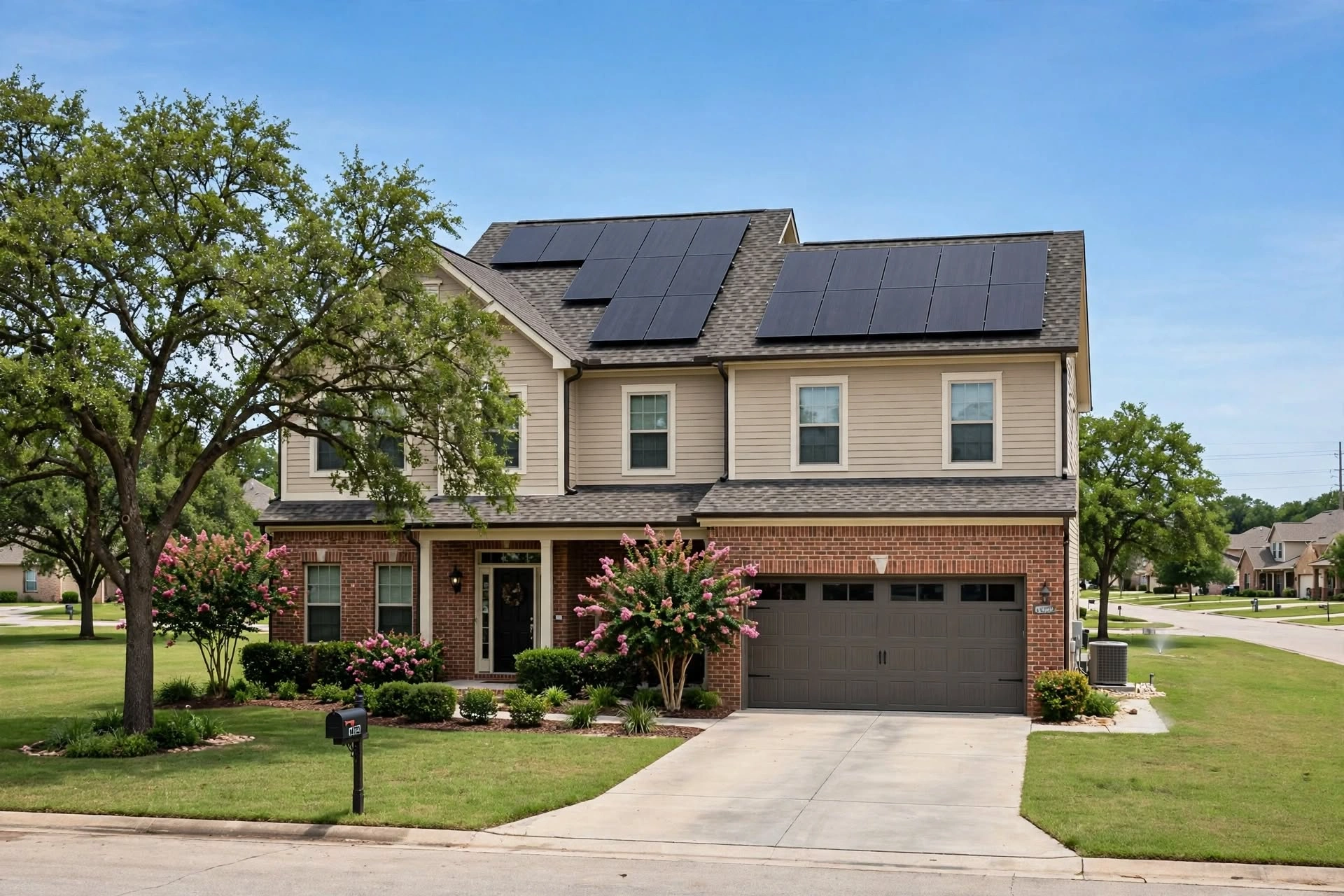 Texas brick house with black-on-black solar panels, 2-car garage, green lawn