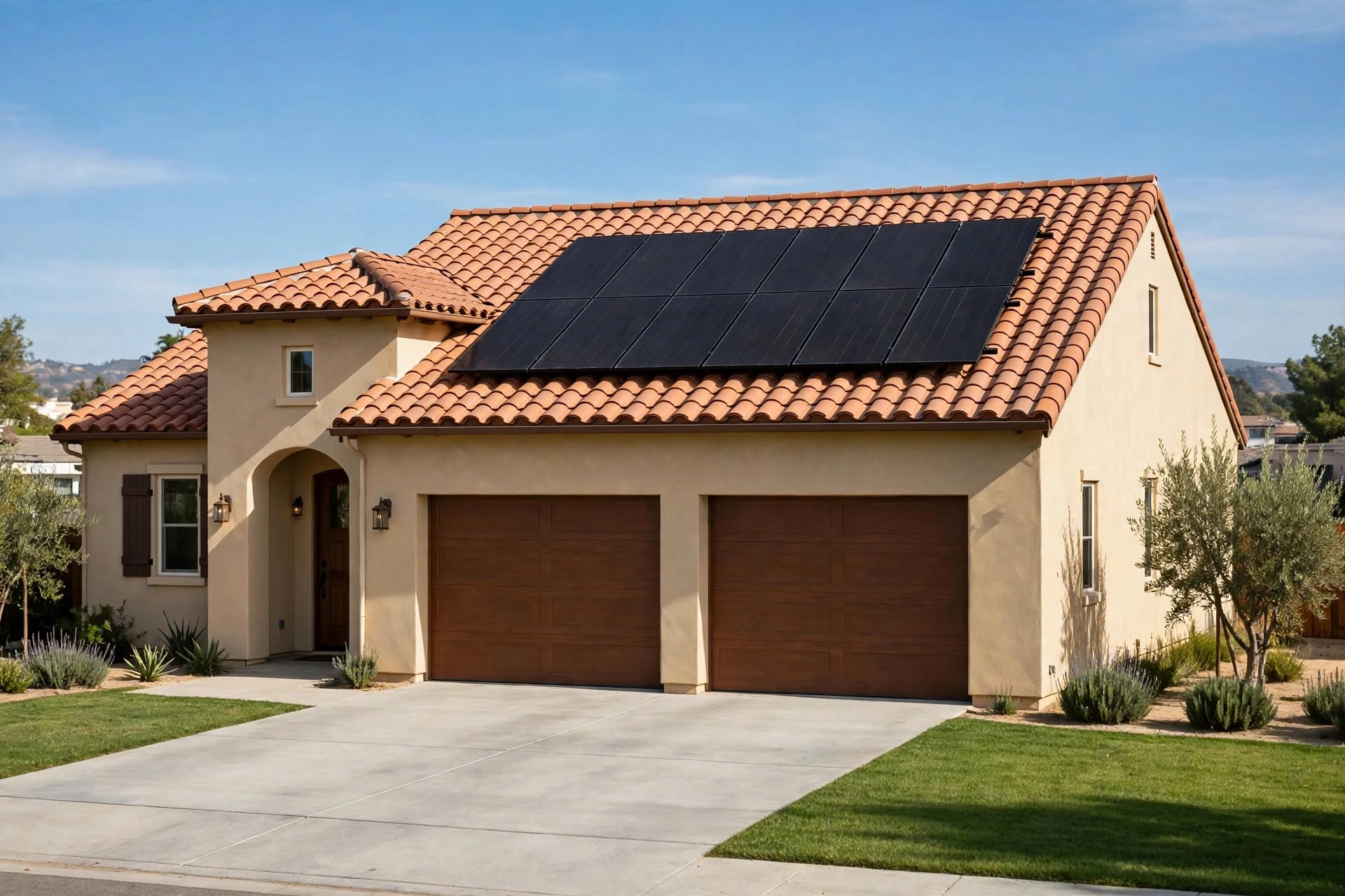 California stucco house with black-on-black solar panels, 2-car garage, palm trees
