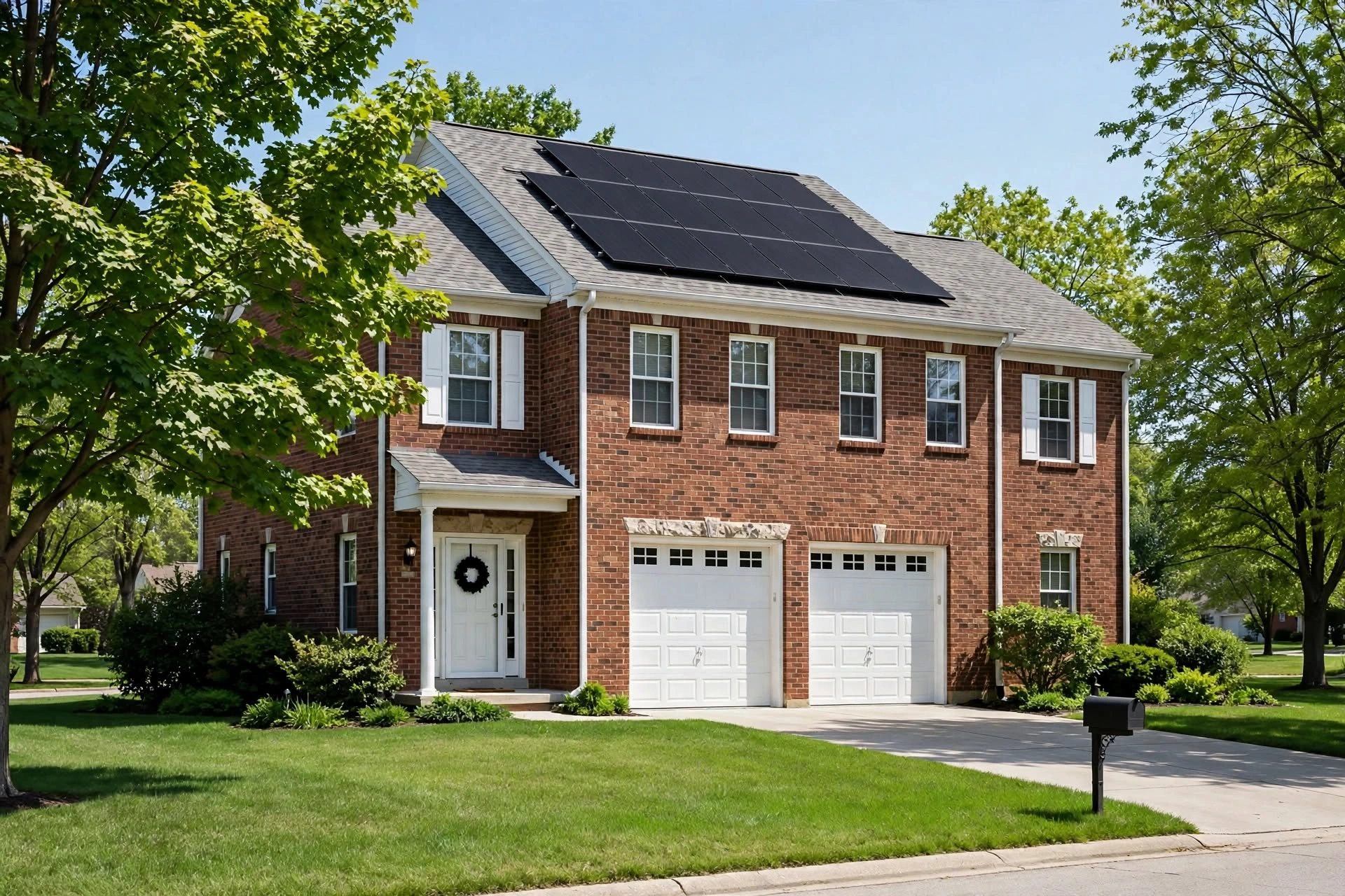 Illinois colonial house with black-on-black solar panels, brick and beige siding, 2-car garage, green lawn