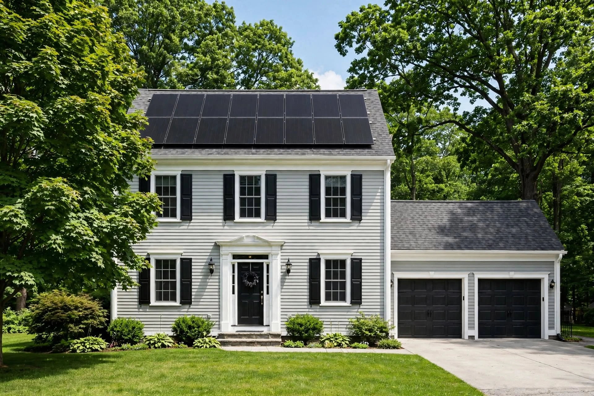 Connecticut colonial house with black-on-black solar panels, white siding, 2-car garage, green lawn