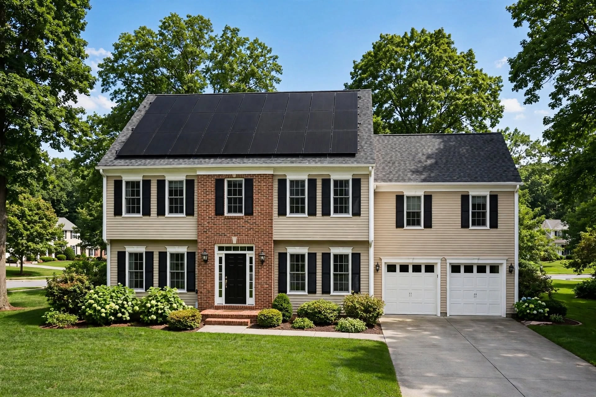 Texas brick house with black-on-black solar panels, 2-car garage, green lawn