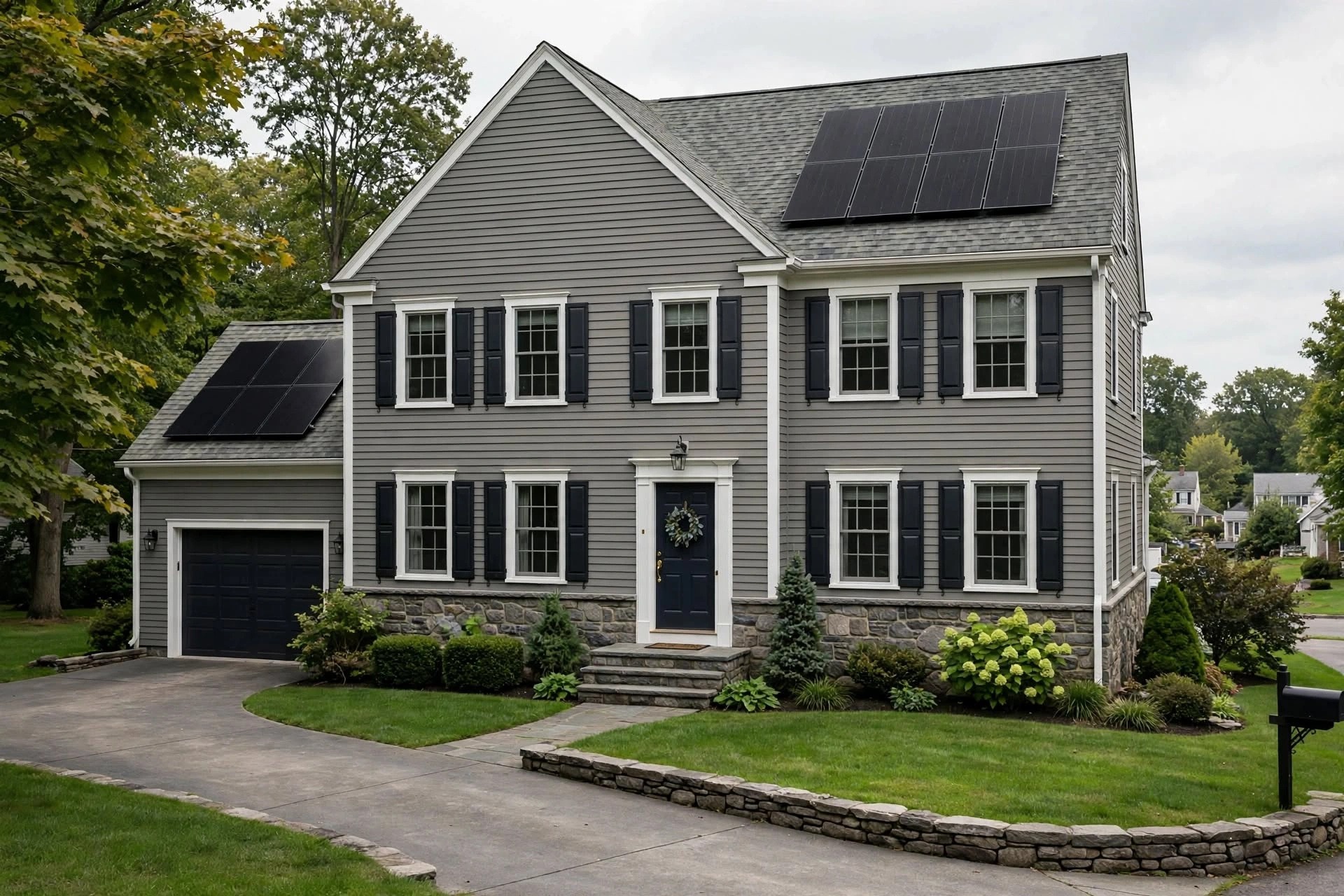 New York gray colonial with stone base, black shutters, black-on-black solar panels, black garage