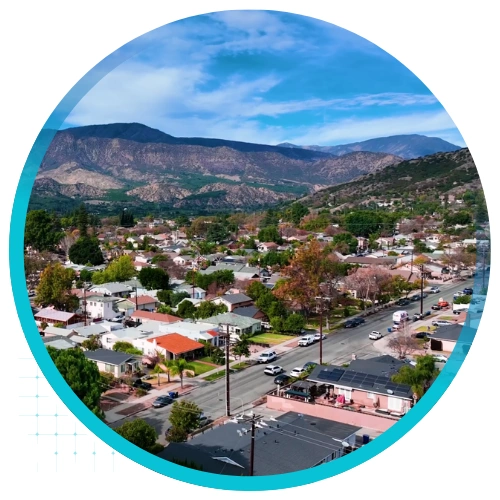 Bird's eye view of Filmore, CA city and mountains
