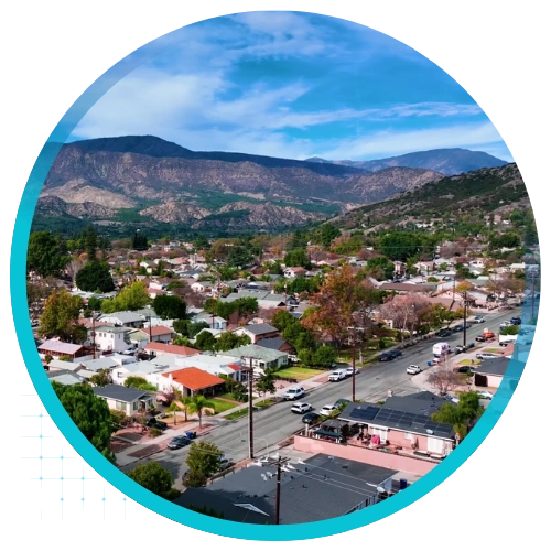 Bird's eye view of Filmore, CA city and mountains